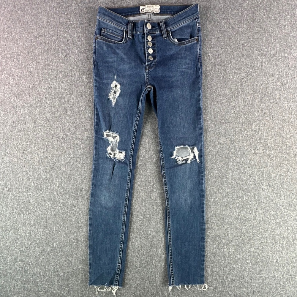 Free People Jeans Womens 26 Skinny Blue Distressed Raw Hem Button Fly